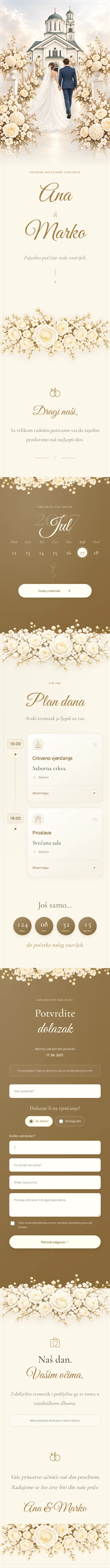 Invitation sample: personalized scene, Ana and Marko, date, program, RSVP and album